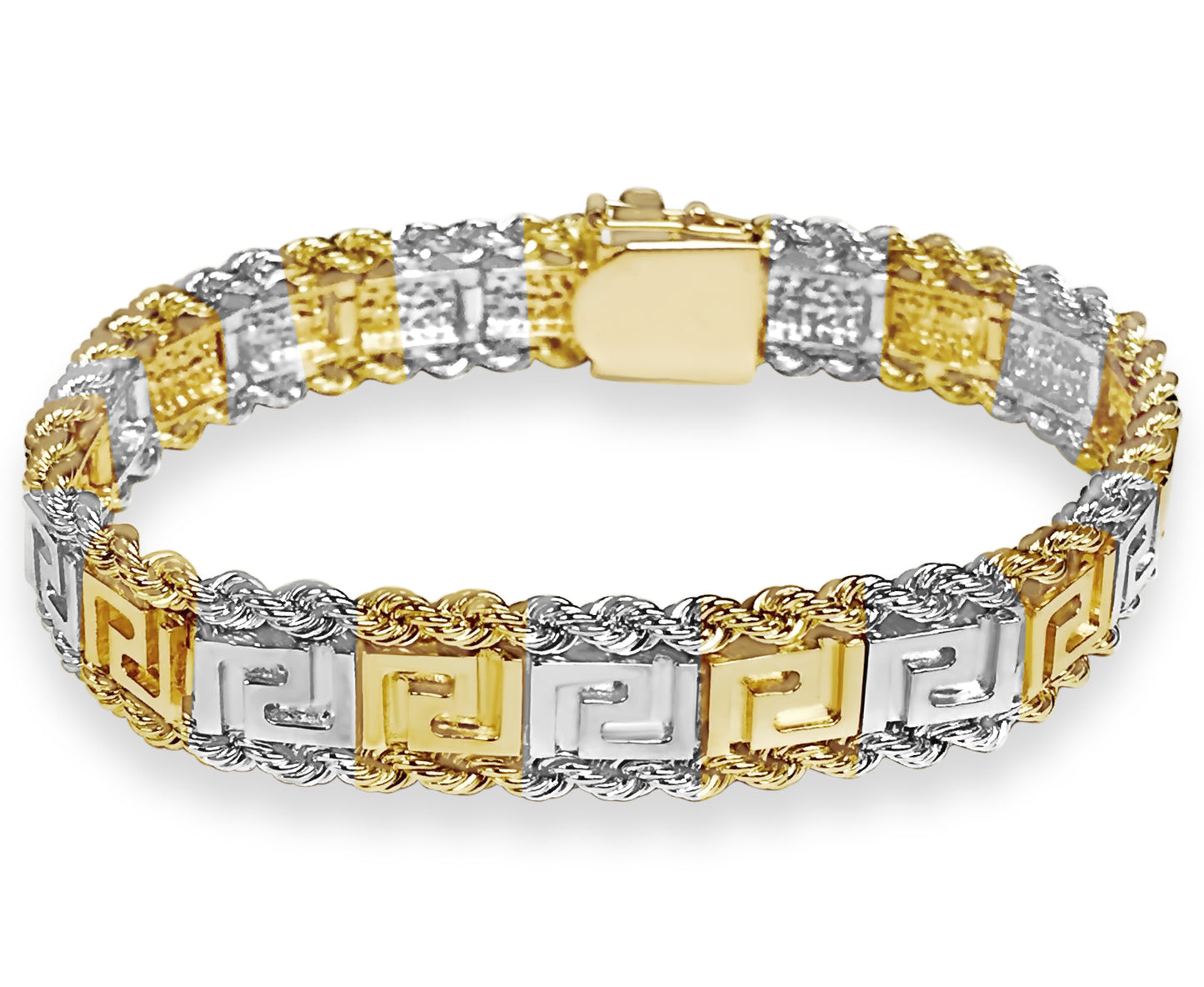 Rope & Greek Key Solid Gold Handmade Bracelet , 12mm, 6.5-10 Inch
