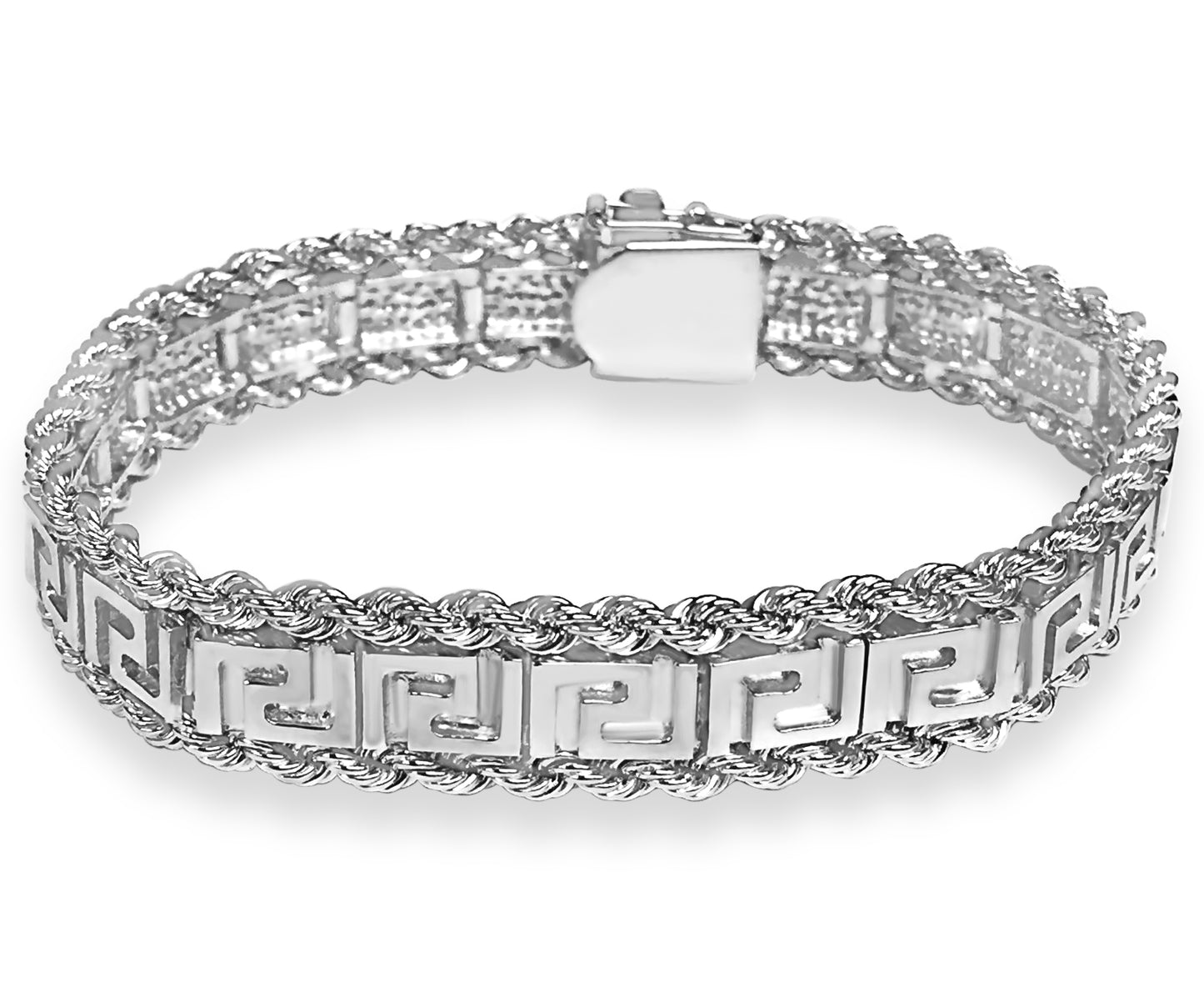 Rope & Greek Key Solid Gold Handmade Bracelet , 12mm, 6.5-10 Inch