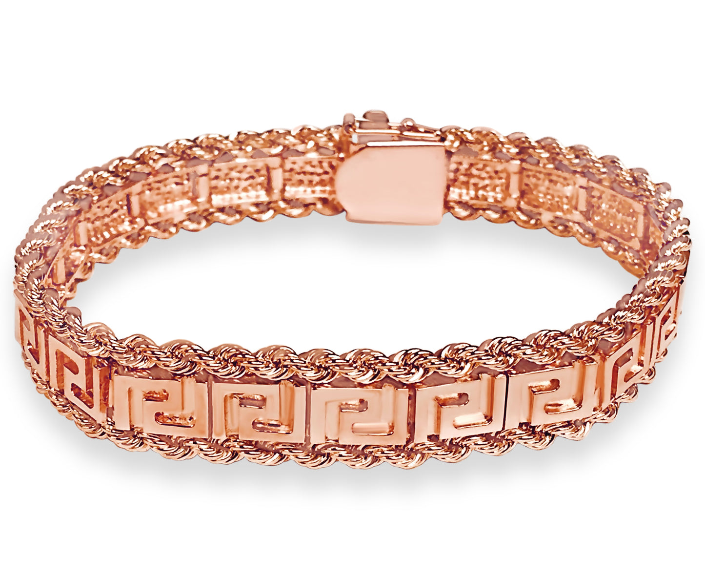 Rope & Greek Key Solid Gold Handmade Bracelet , 12mm, 6.5-10 Inch