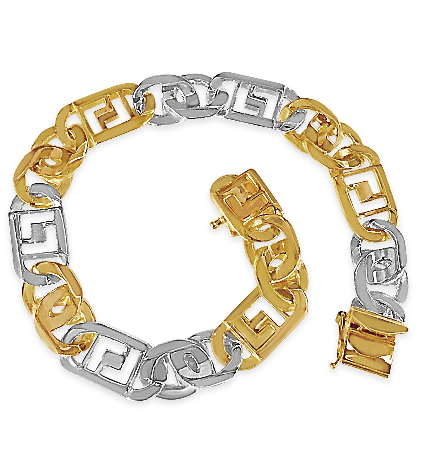 Greek Key & Tiger Eye Solid Gold Handmade Bracelet , 11mm, 6.5-10 Inch
