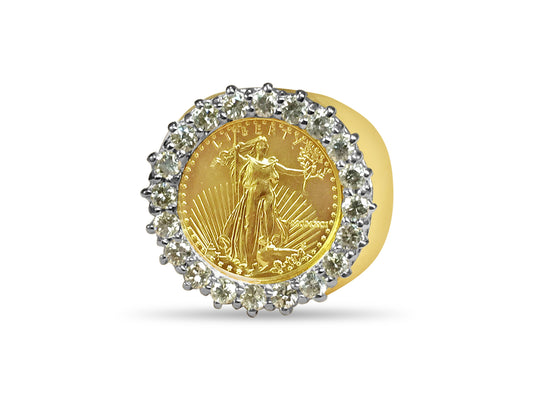 Diamond Fancy Solid Gold Handmade Coin Ring , 1/10oz Coin ,