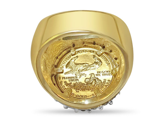 Diamond Fancy Solid Gold Handmade Coin Ring , 1/10oz Coin ,