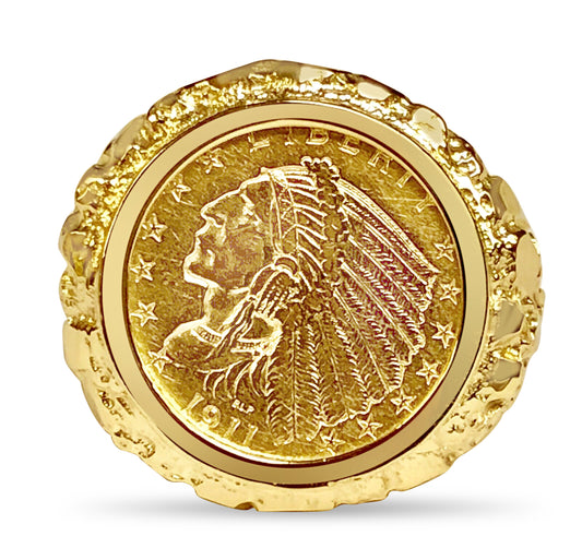Nugget Solid Gold Handmade Coin Ring , Indian Head Coin ,