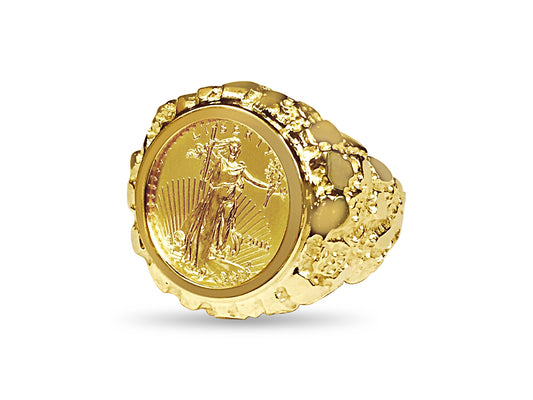 Nugget Solid Gold Handmade Coin Ring , 1/10oz Coin ,
