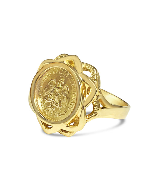 Fancy Ladies Solid Gold Handmade Coin Ring , Dos Pesos Coin ,