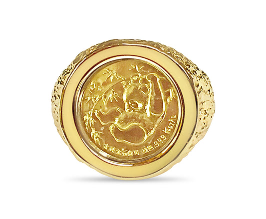 Nugget Solid Gold Handmade Coin Ring , Chinese Panda Bear Coin ,