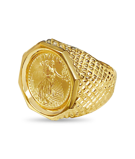 Fancy Solid Gold Handmade Coin Ring , 1/10oz Coin ,