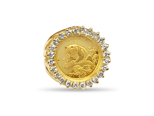 Diamond Fancy Ladies Solid Gold Handmade Coin Ring , Chinese Panda Bear Coin ,