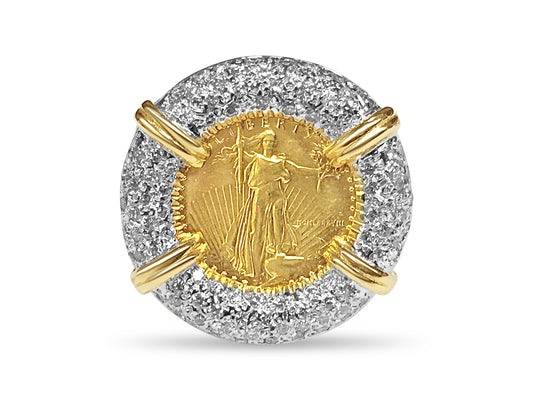 Diamond Fancy Solid Gold Handmade Coin Ring , 1/10oz Coin ,