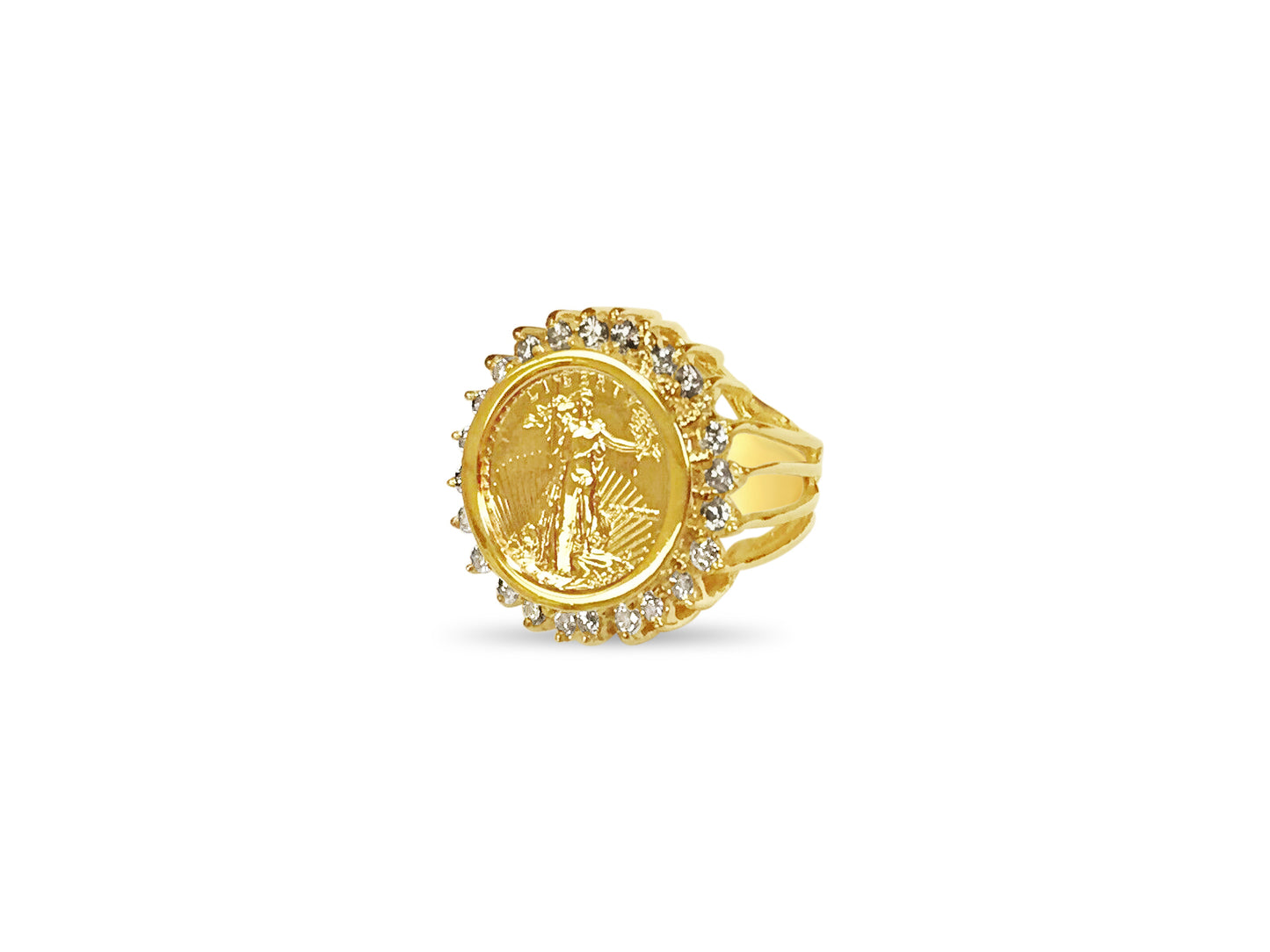 Diamond Fancy Solid Gold Handmade Coin Ring , 1/10oz Coin ,