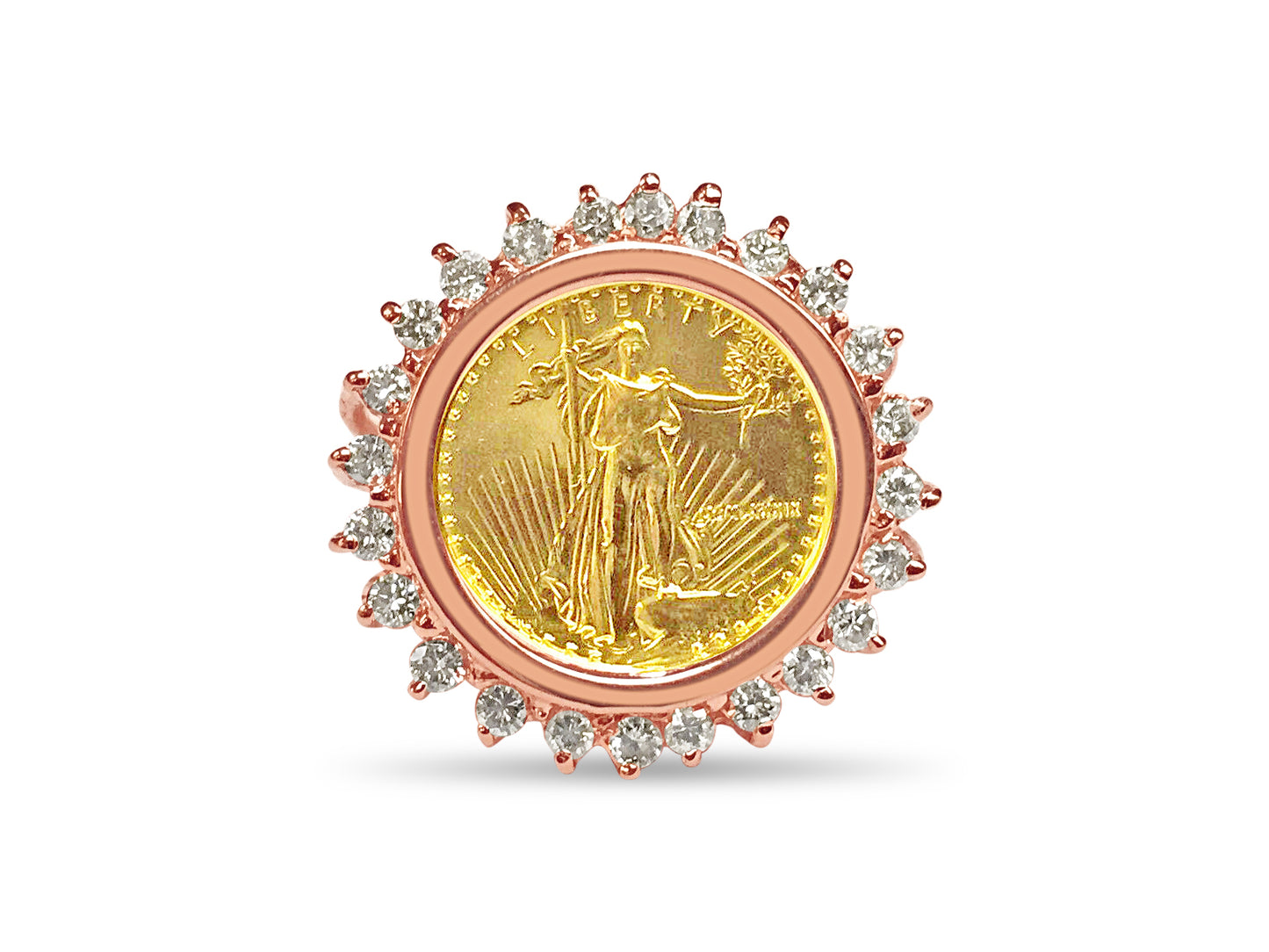 Diamond Fancy Solid Gold Handmade Coin Ring , 1/10oz Coin ,