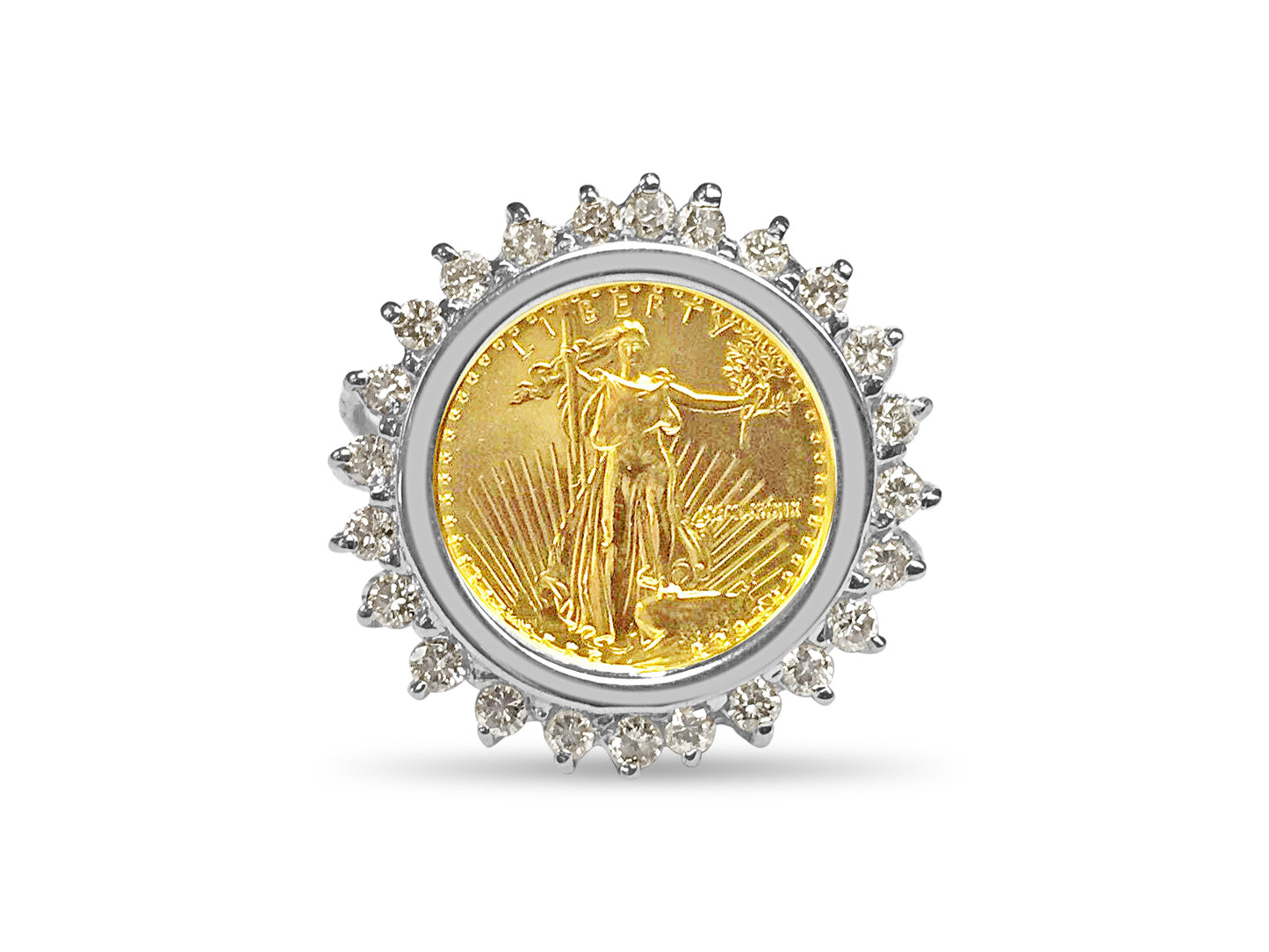 Diamond Fancy Solid Gold Handmade Coin Ring , 1/10oz Coin ,
