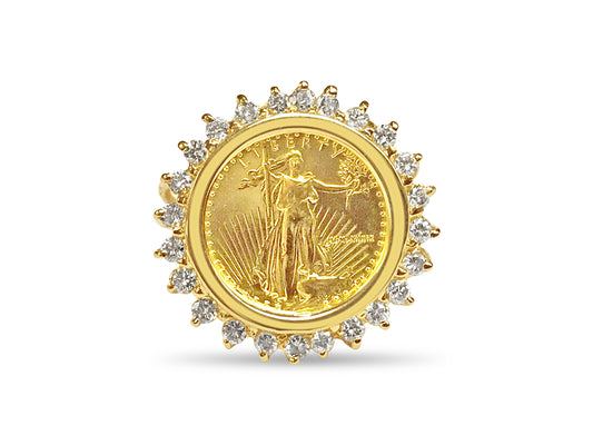 Diamond Fancy Solid Gold Handmade Coin Ring , 1/10oz Coin ,
