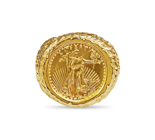 Nugget Solid Gold Handmade Coin Ring , 1/10oz Coin ,