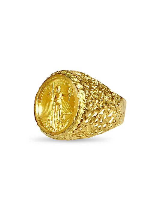 Nugget Solid Gold Handmade Coin Ring , 1/10oz Coin ,