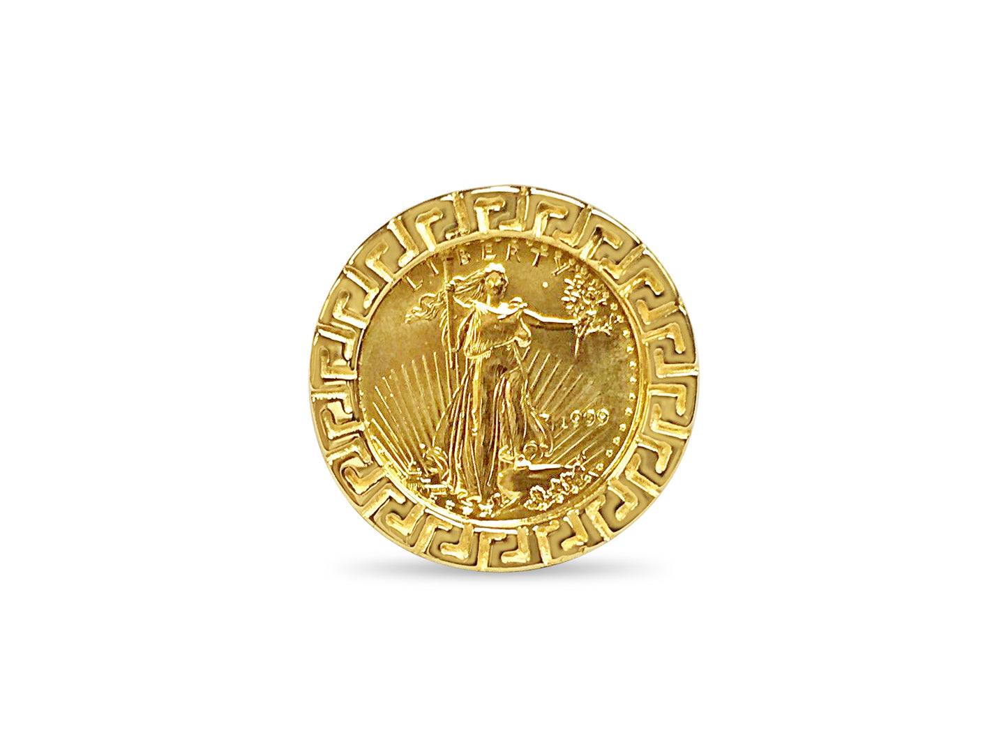 Greek Key Frame Solid Gold Handmade Coin Ring , 1/10oz Coin ,