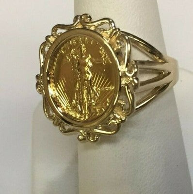 Fancy Solid Gold Handmade Coin Ring , 1/10oz Coin ,