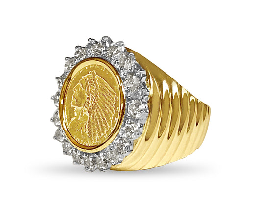 Diamond Fancy Solid Gold Handmade Coin Ring , Indian Head Coin ,