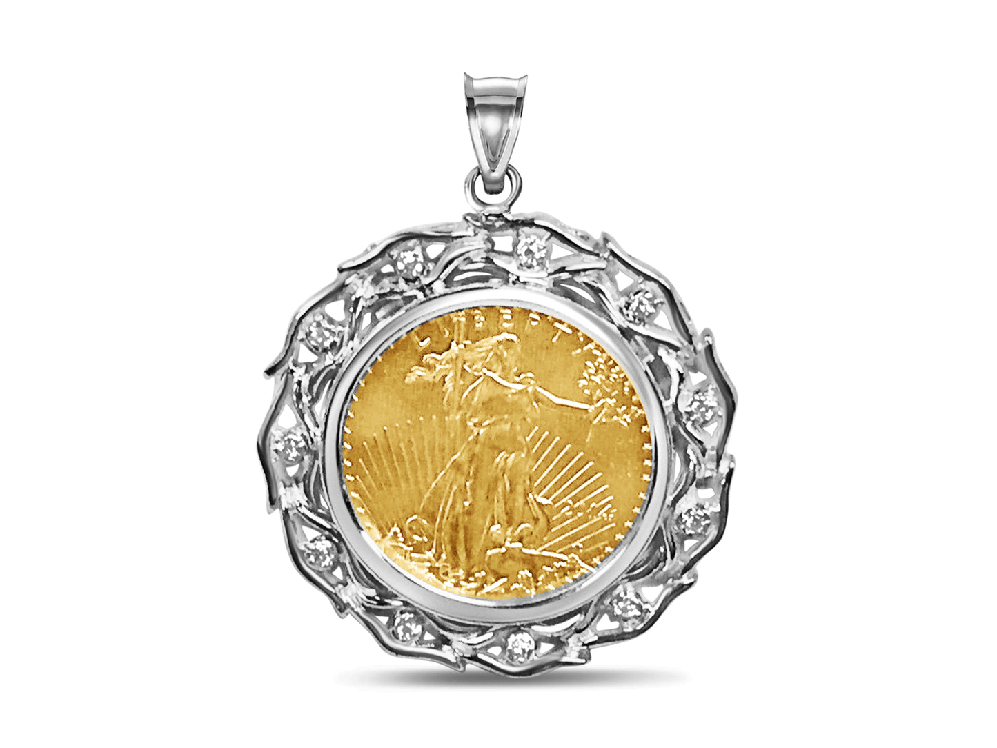 Diamond Fancy Solid Gold Handmade Coin Pendant , 1/4oz Coin ,