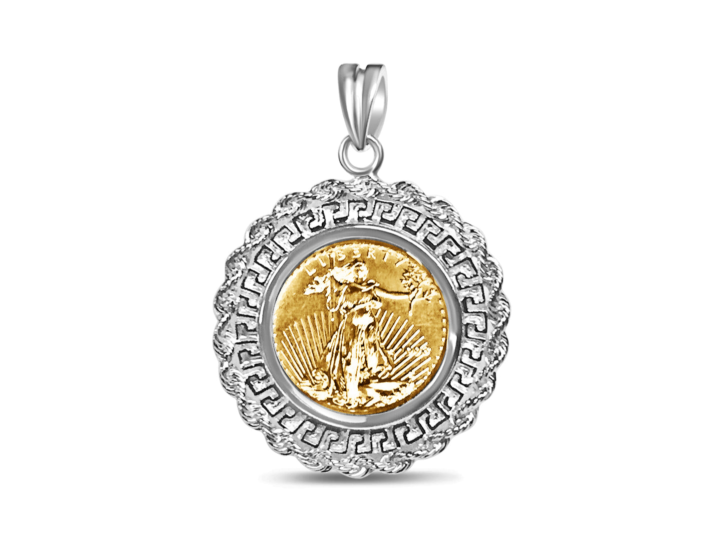 Greek Key Rope Frame Solid Gold Handmade Coin Pendant , 1/4oz Coin , 32.5x45mm