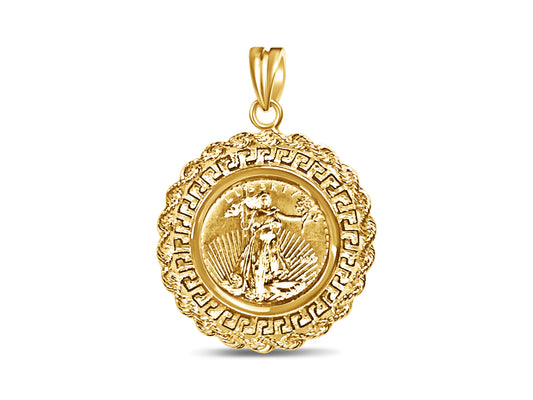 Greek Key Rope Frame Solid Gold Handmade Coin Pendant , 1/4oz Coin , 32.5x45mm