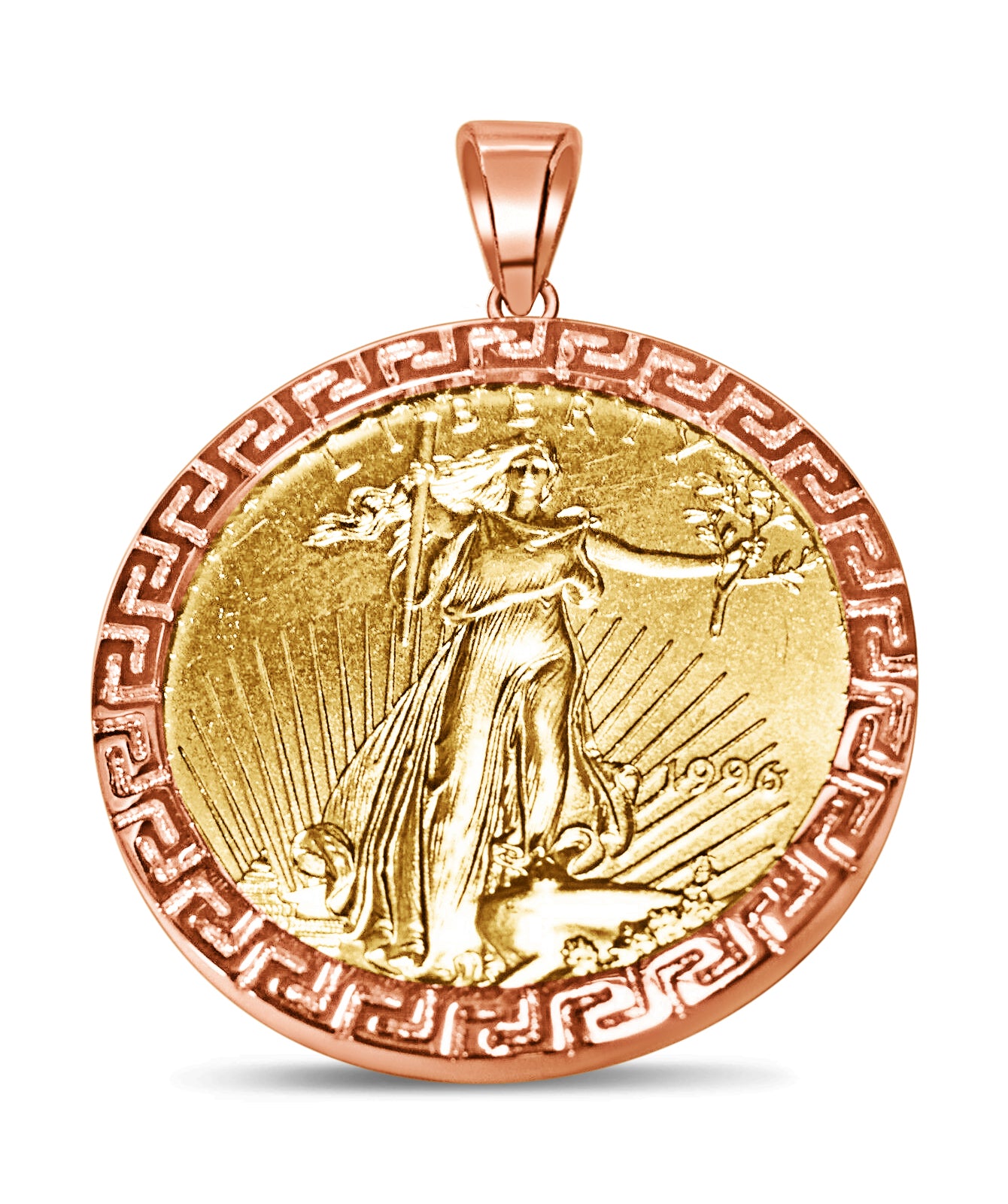 Greek Key Frame Solid Gold Handmade Coin Pendant , 1oz Coin , 32mm