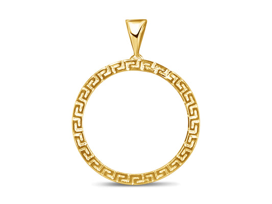 Greek Key Frame Solid Gold Handmade Coin Pendant , 22mm