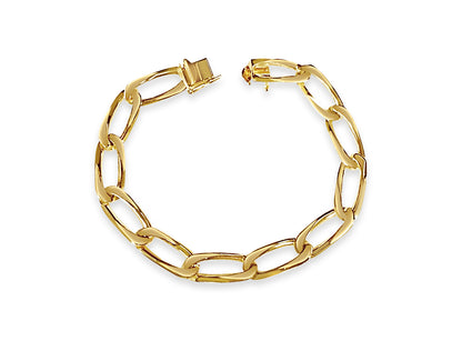 18k Solid Yellow Gold Handmade 9mm Flat Link Bracelet, 9.5", Approx 32g