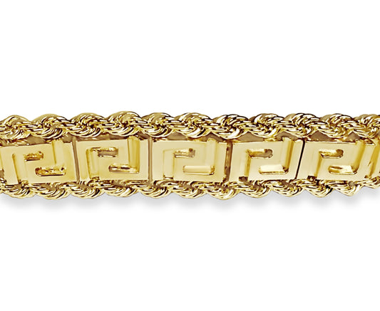 Rope & Greek Key Solid Gold Handmade Bracelet , 12mm, 6.5-10 Inch