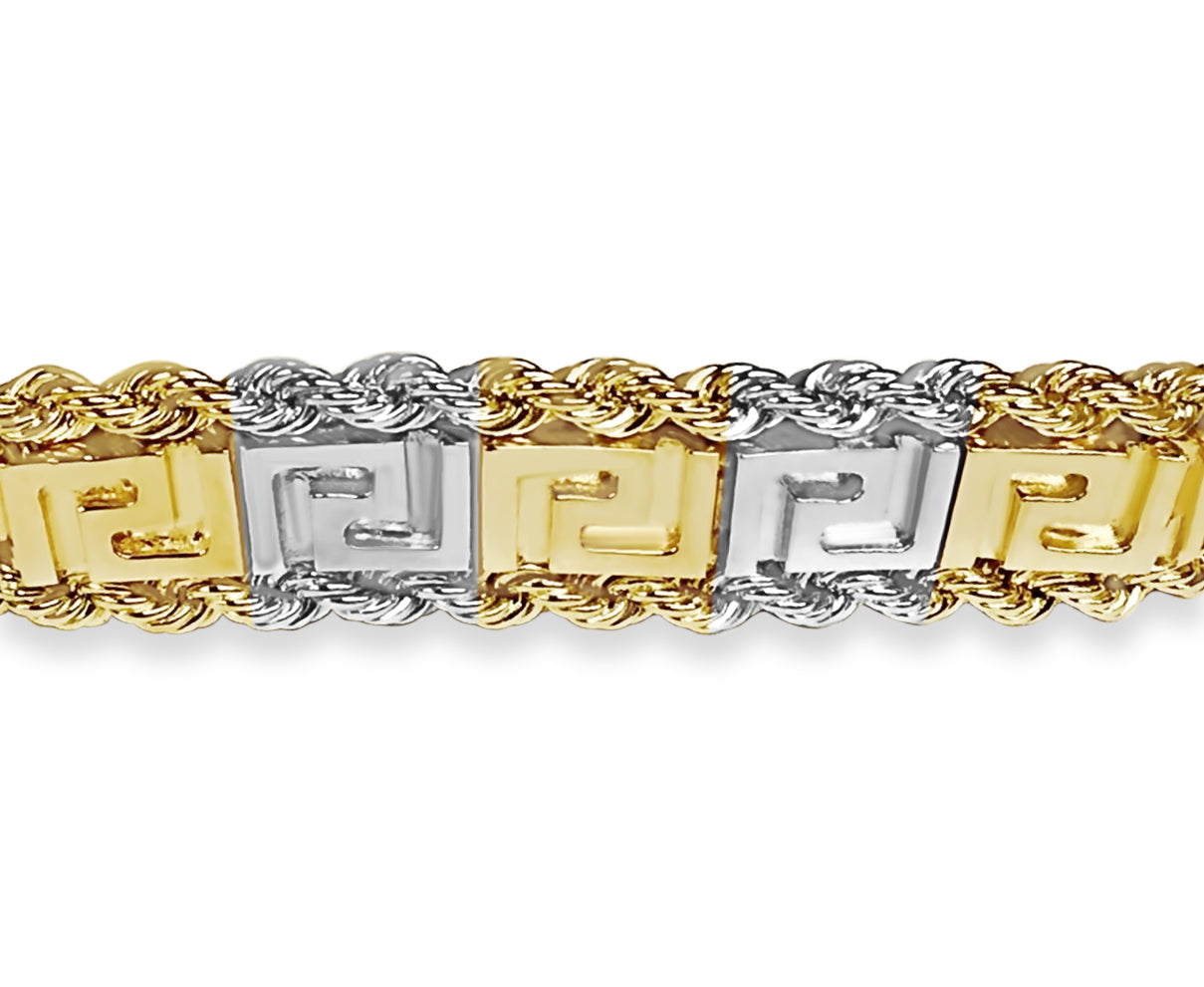 18k Yellow Gold 12mm Rope & Greek Key Bracelet, 9.5", Approx 60g