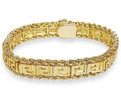 Rope & Greek Key Solid Gold Handmade Bracelet , 12mm, 6.5-10 Inch