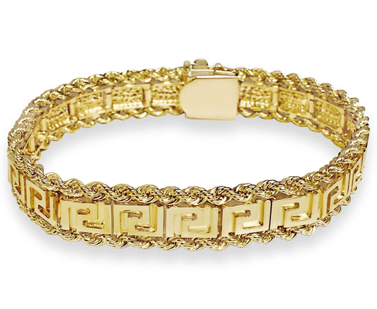 Rope & Greek Key Solid Gold Handmade Bracelet , 12mm, 6.5-10 Inch