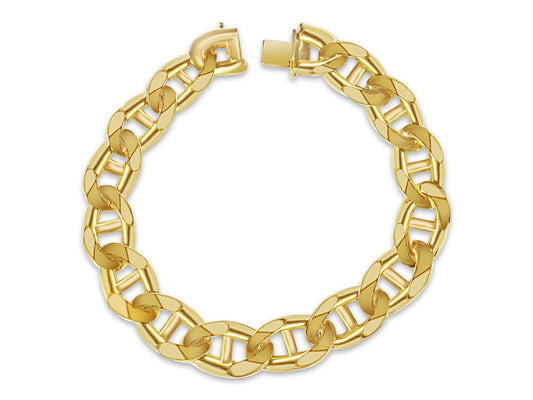 18k Solid Yellow Gold Handmade 15mm Mariner Link Bracelet, 9.5", Approx 99g