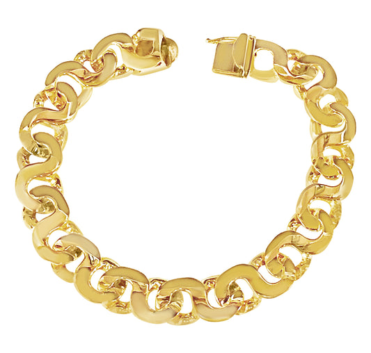 18k Solid Yellow Gold Handmade 12mm Flat Link Bracelet, 9.5", Approx 89g