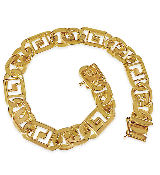 Greek Key & Tiger Eye Solid Gold Handmade Bracelet , 11mm, 6.5-10 Inch