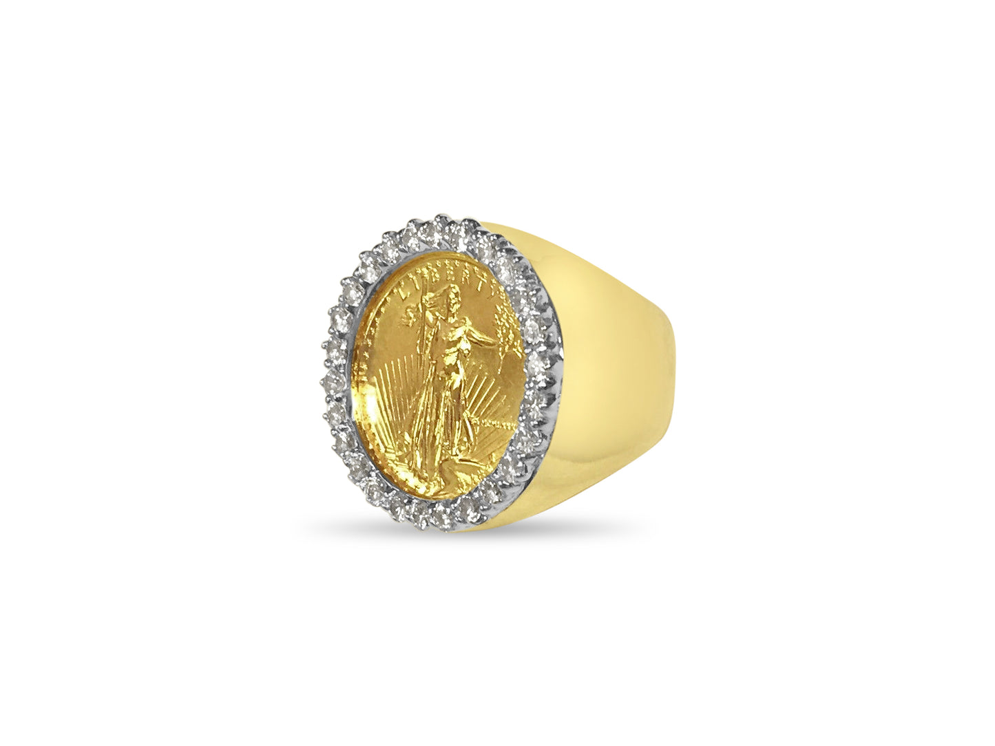 Diamond Fancy Solid Gold Handmade Coin Ring , 1/4oz Coin ,