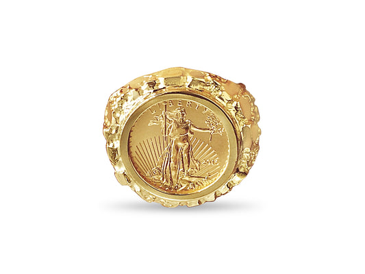 Nugget Solid Gold Handmade Coin Ring , 1/10oz Coin ,