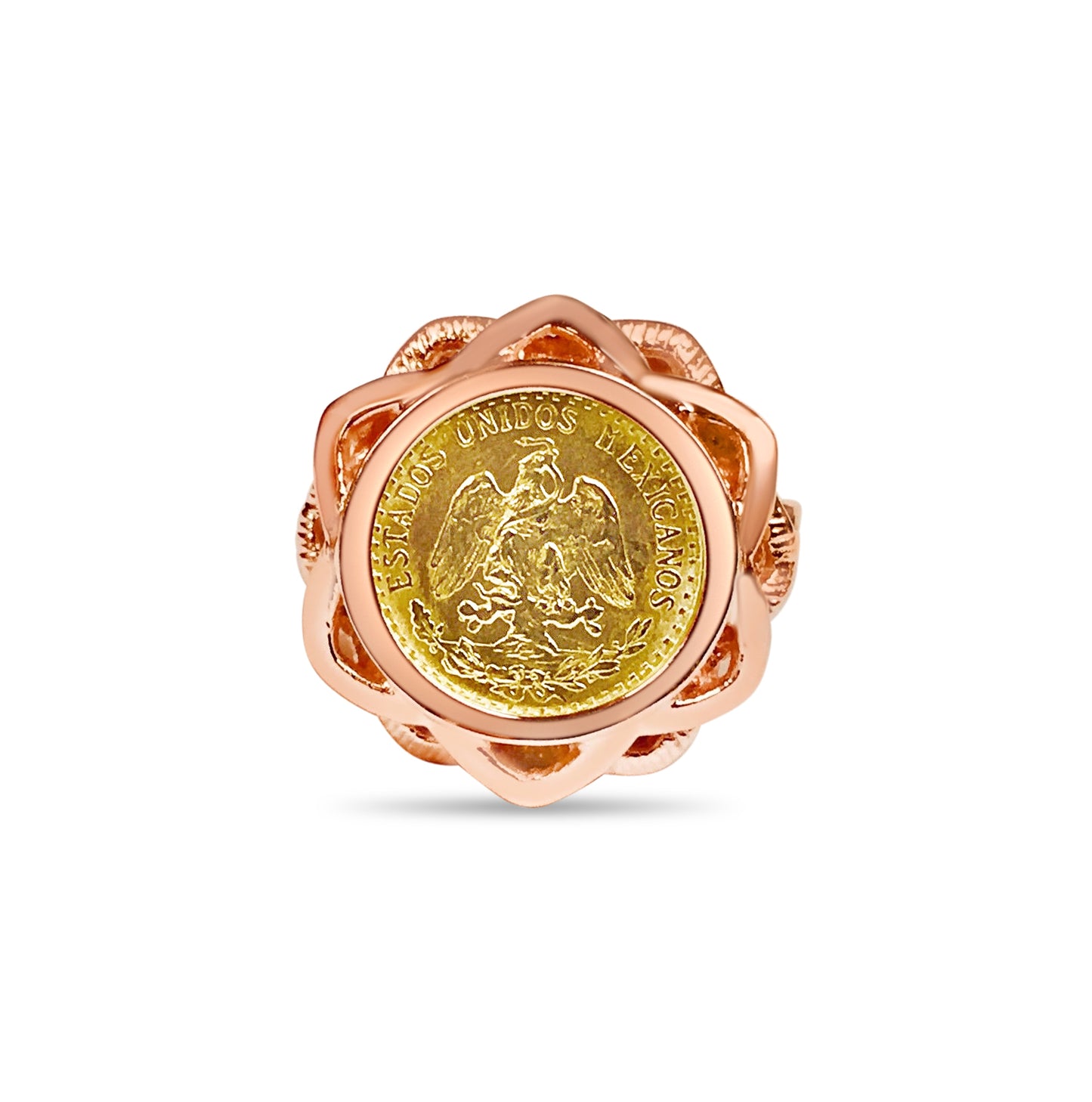 Fancy Ladies Solid Gold Handmade Coin Ring , Dos Pesos Coin ,