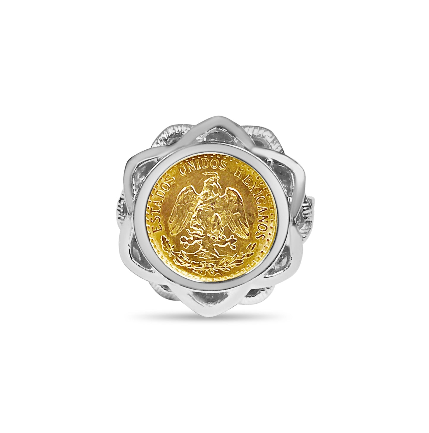 Fancy Ladies Solid Gold Handmade Coin Ring , Dos Pesos Coin ,