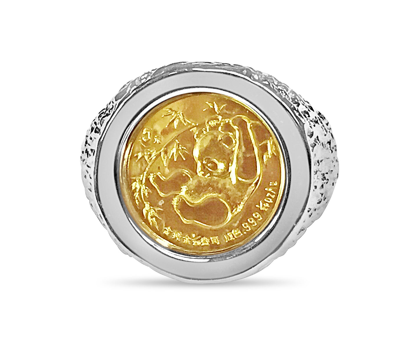 Nugget Solid Gold Handmade Coin Ring , Chinese Panda Bear Coin ,