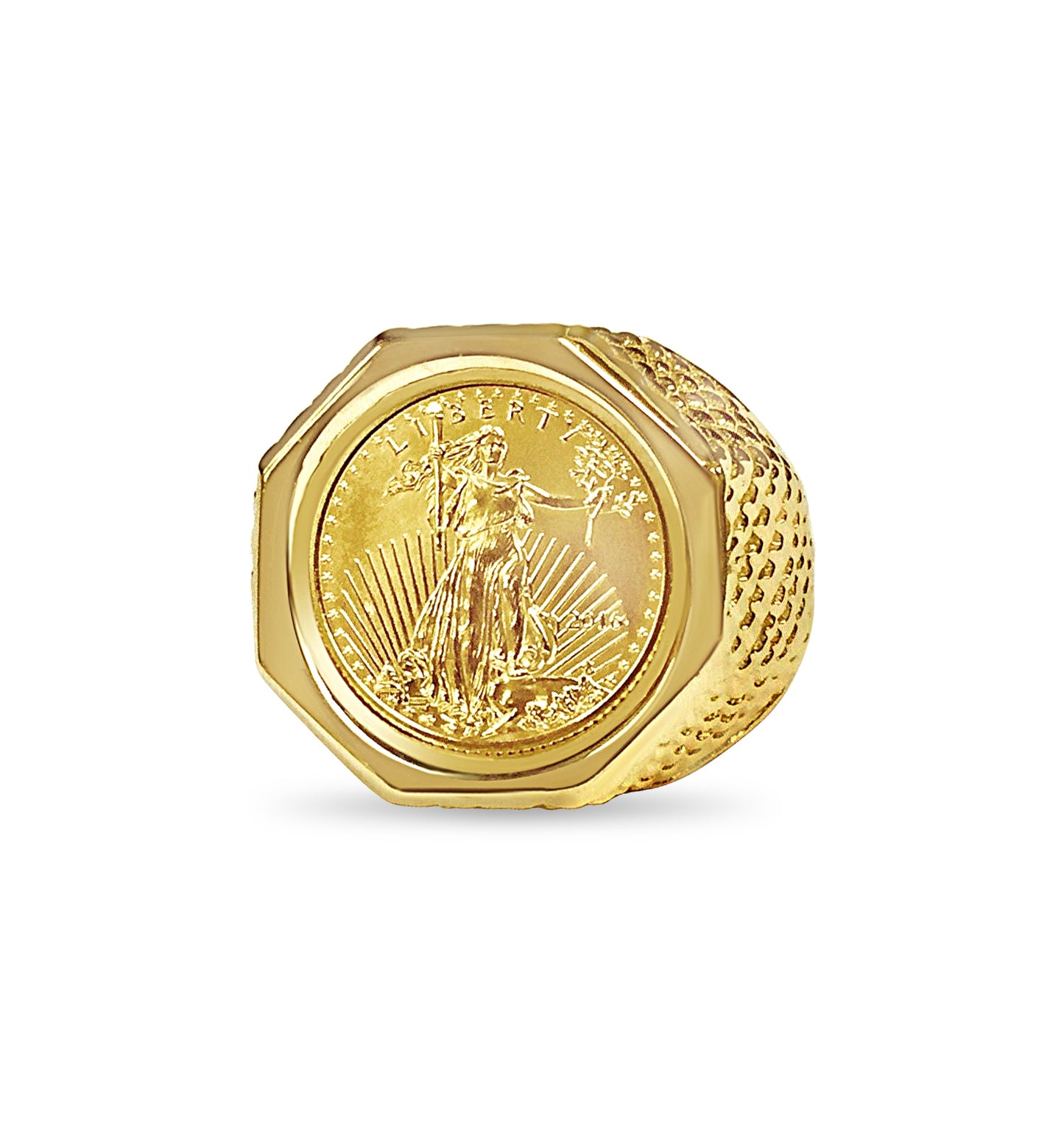 Fancy Solid Gold Handmade Coin Ring , 1/10oz Coin ,
