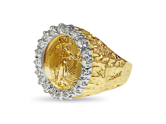 Diamond Nugget Solid Gold Handmade Coin Ring , 1/10oz Coin ,