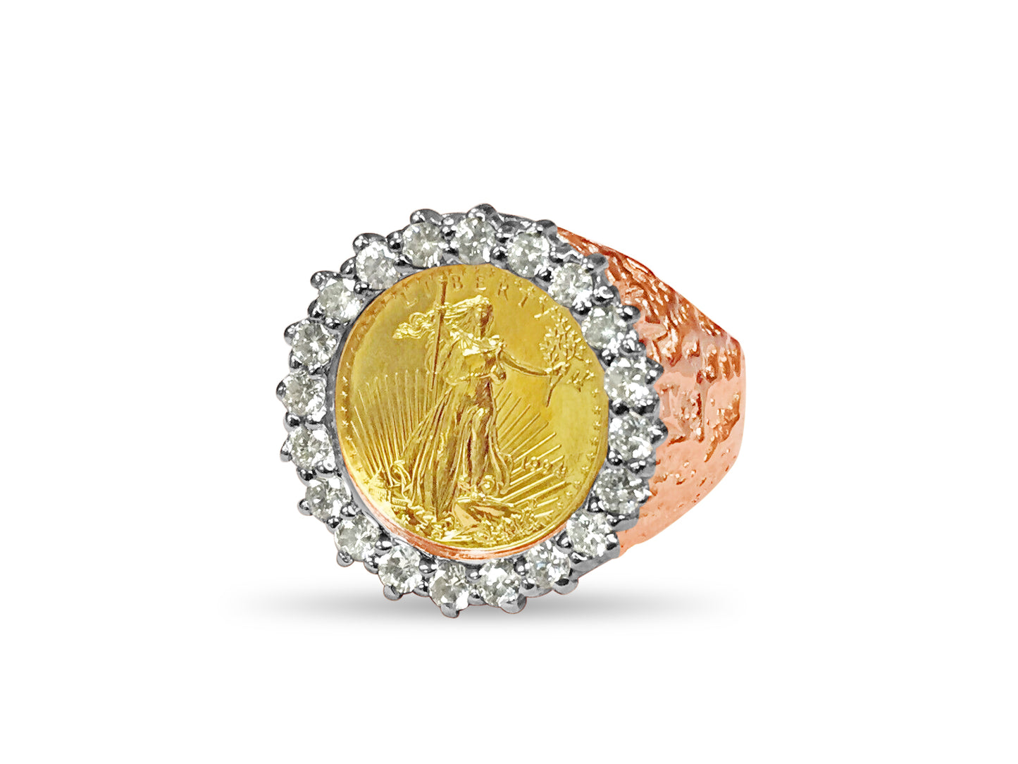 Diamond Nugget Solid Gold Handmade Coin Ring , 1/10oz Coin ,
