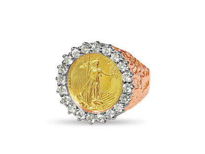 Diamond Nugget Solid Gold Handmade Coin Ring , 1/10oz Coin ,