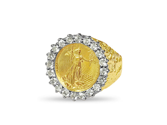 Diamond Nugget Solid Gold Handmade Coin Ring , 1/10oz Coin ,