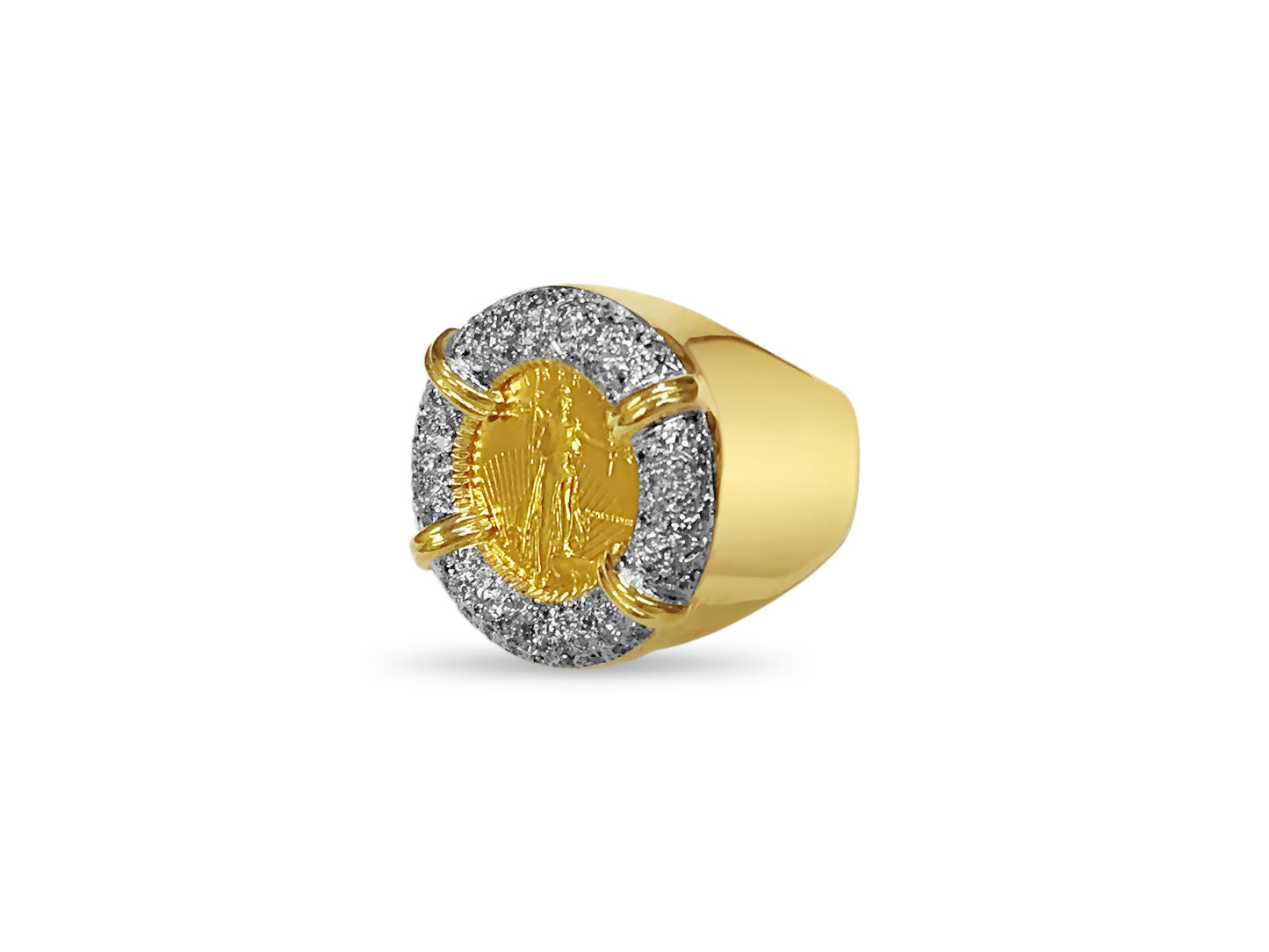 Diamond Fancy Solid Gold Handmade Coin Ring , 1/10oz Coin ,