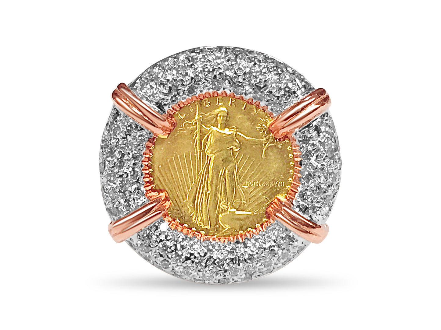 Diamond Fancy Solid Gold Handmade Coin Ring , 1/10oz Coin ,