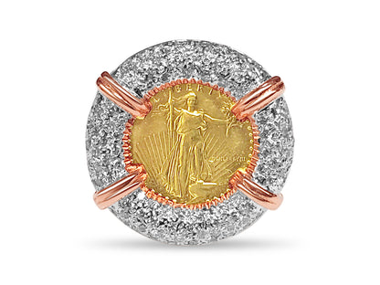 Diamond Fancy Solid Gold Handmade Coin Ring , 1/10oz Coin ,
