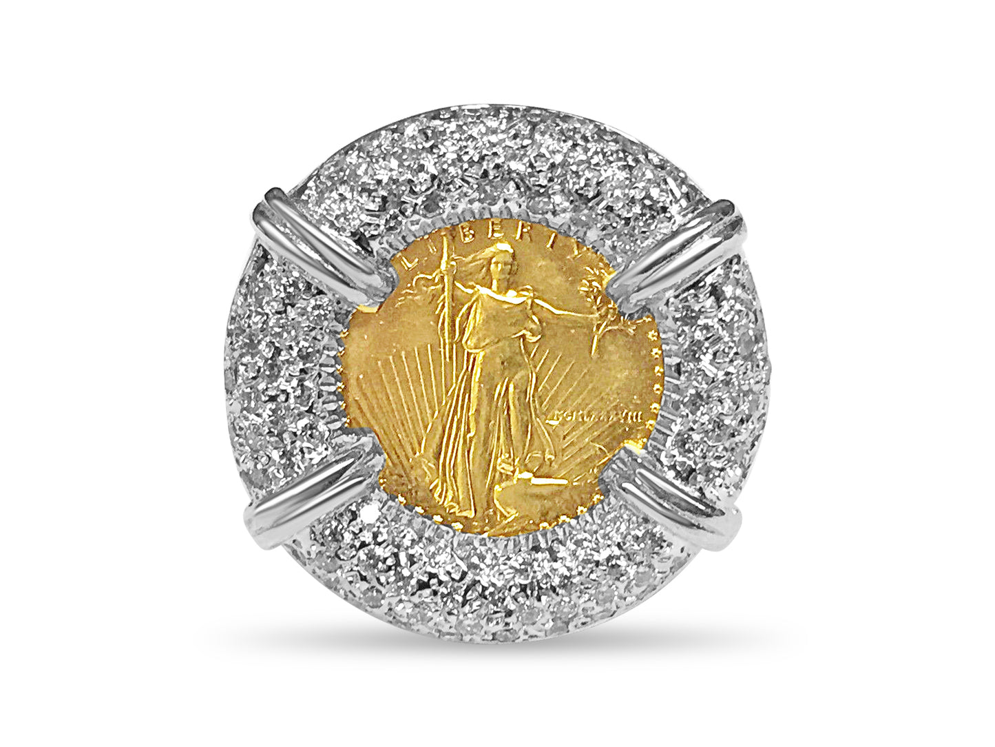 Diamond Fancy Solid Gold Handmade Coin Ring , 1/10oz Coin ,