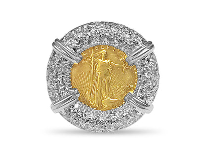 Diamond Fancy Solid Gold Handmade Coin Ring , 1/10oz Coin ,